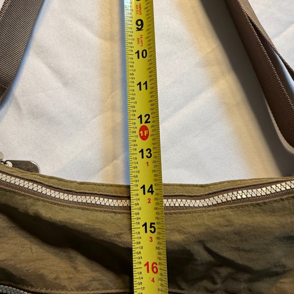 Baggallini Olive Green Nylon Crossbody Bag Multi Zip Travel Purse Brown Strap - Picture 6 of 11